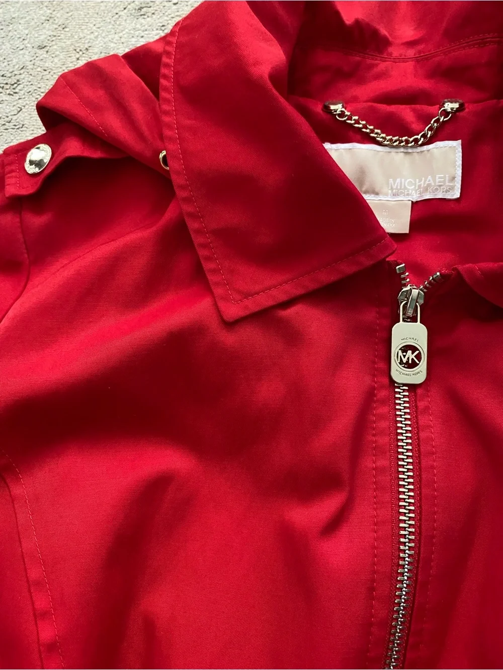 Michael Kors Hooded Rain Jacket Trench Coat Medium Red w/ Gold Hardware